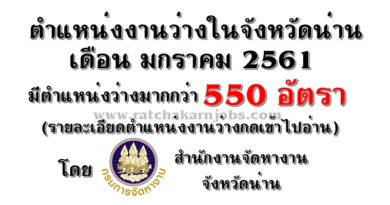 ตำแหน่งงานว่างในจังหวัดน่านเดือนมกราคม 2561 โดย สำนักงานจัดหางานจังหวัดน่าน
