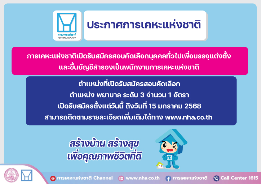 การเคหะแห่งชาติ เปิดรับสมัครสอบคัดเลือกบุคคลทั่วไปเพื่อบรรจุเป็นพนักงาน ป.ตรี  / เงินเดือน 16830 / ไม่ต้องผ่าน ภาค ก ของ กพ. /สมัคร online 23 ธันวาคม 2567 – 15 มกราคม 2568