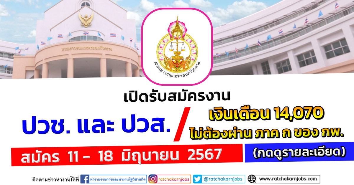 ศาลเยาวชนและครอบครัวกลาง รับสมัครงาน ปวช. และ ปวส. / เงินเดือน 14070 / ไม่ต้องผ่าน ภาค ก ของ กพ. / สมัคร 11 – 18 มิถุนายน 2567
