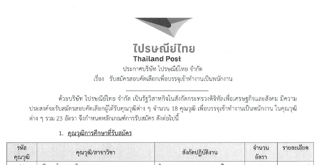 ไปรษณีย์ไทย รับสมัครสอบเพื่อบรรจุเข้าทำงานเป็นพนักงาน 31 อัตรา / หลายตำแหน่ง / มัธยม. ปวช. ปวส. ป.ตรี หลายสาขา + ขึ้นไป / สมัคร online 29 มิถุนายน – 17 กรกฎาคม 2569